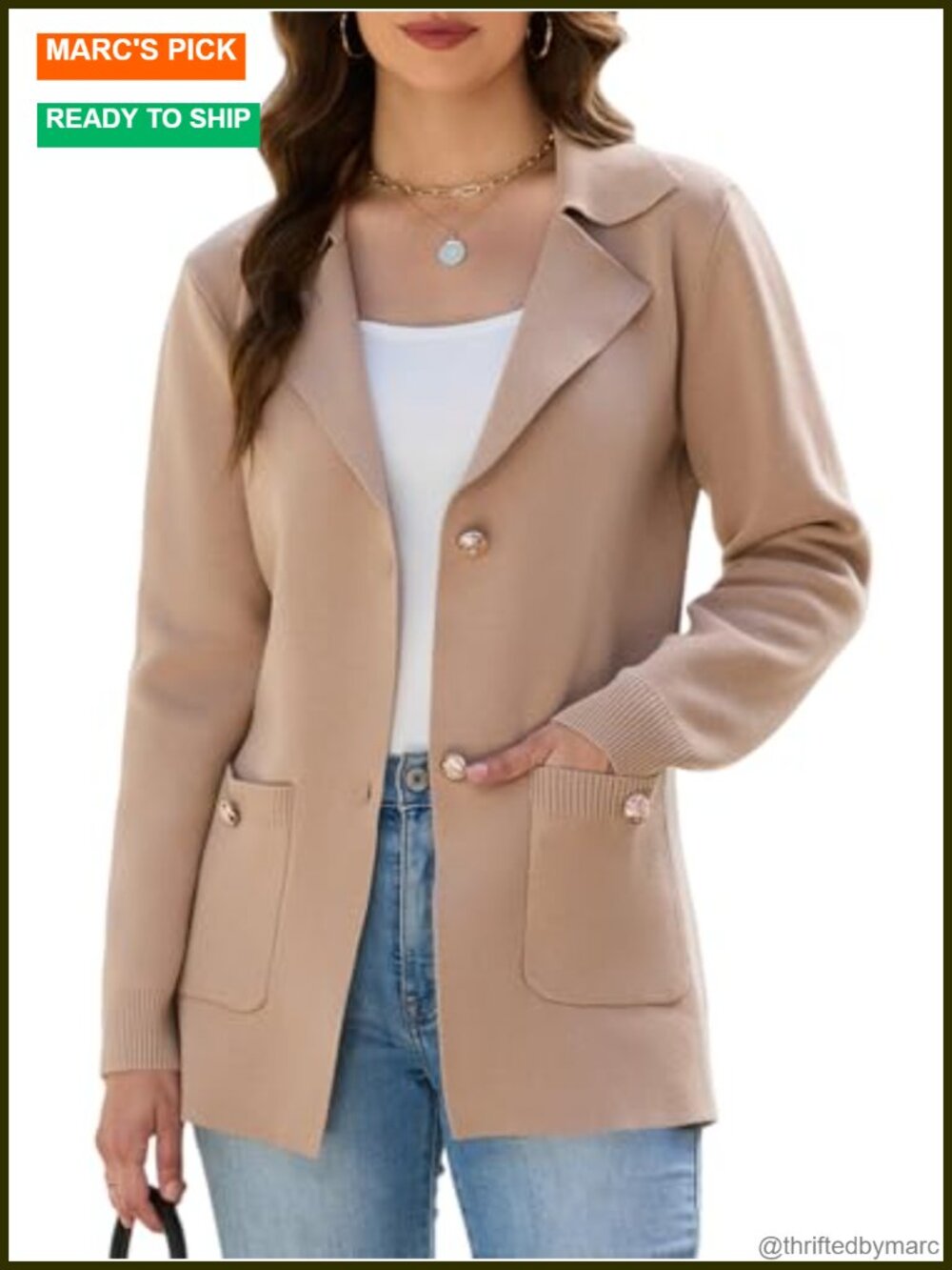 Knit Blazer Cropped Notch Lapel Long Sleeve Business Casual